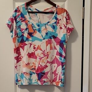Talbots Blue and Pink Graphic Blouse with Short Sleeves - J